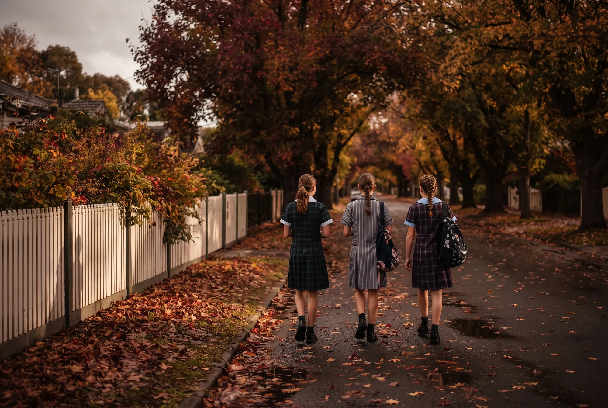 Three students in tartan and striped school uniforms walking down a tree-lined street in autumn