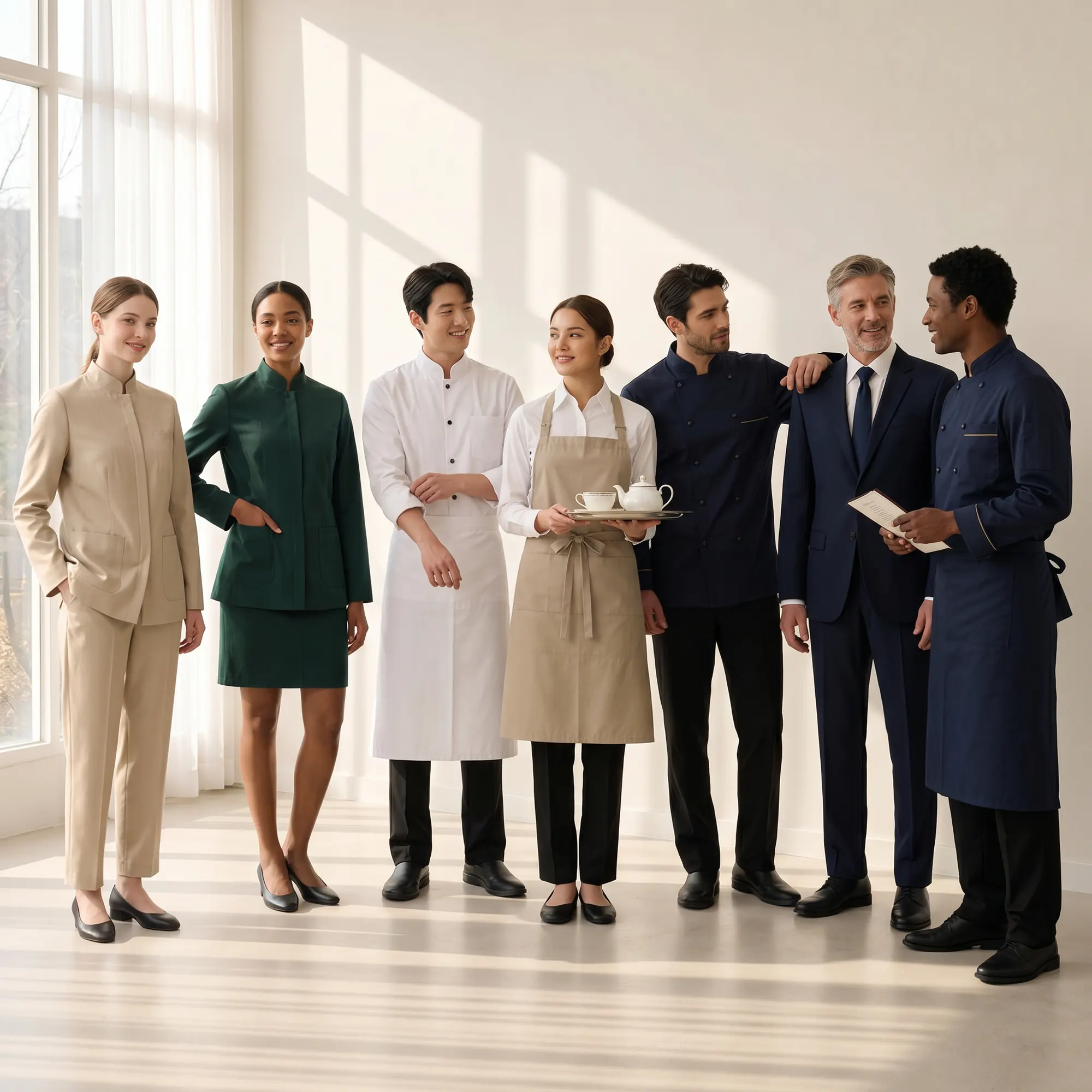 A line-up of hospitality staff in uniform — tailored suiting, chef whites, aprons and service tunics
