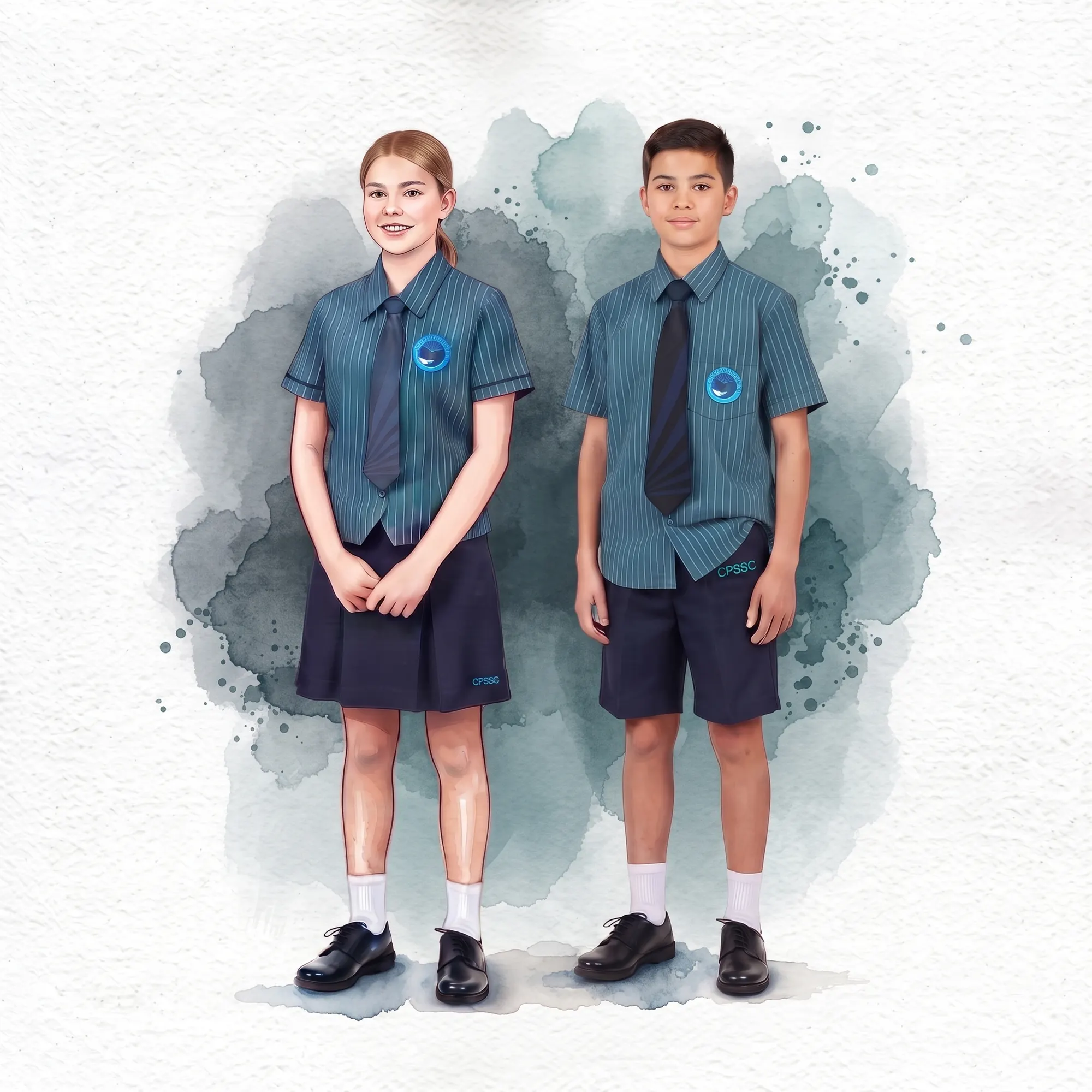 Two students in a Weareco-designed school uniform — striped shirt, tie, shorts and skirt
