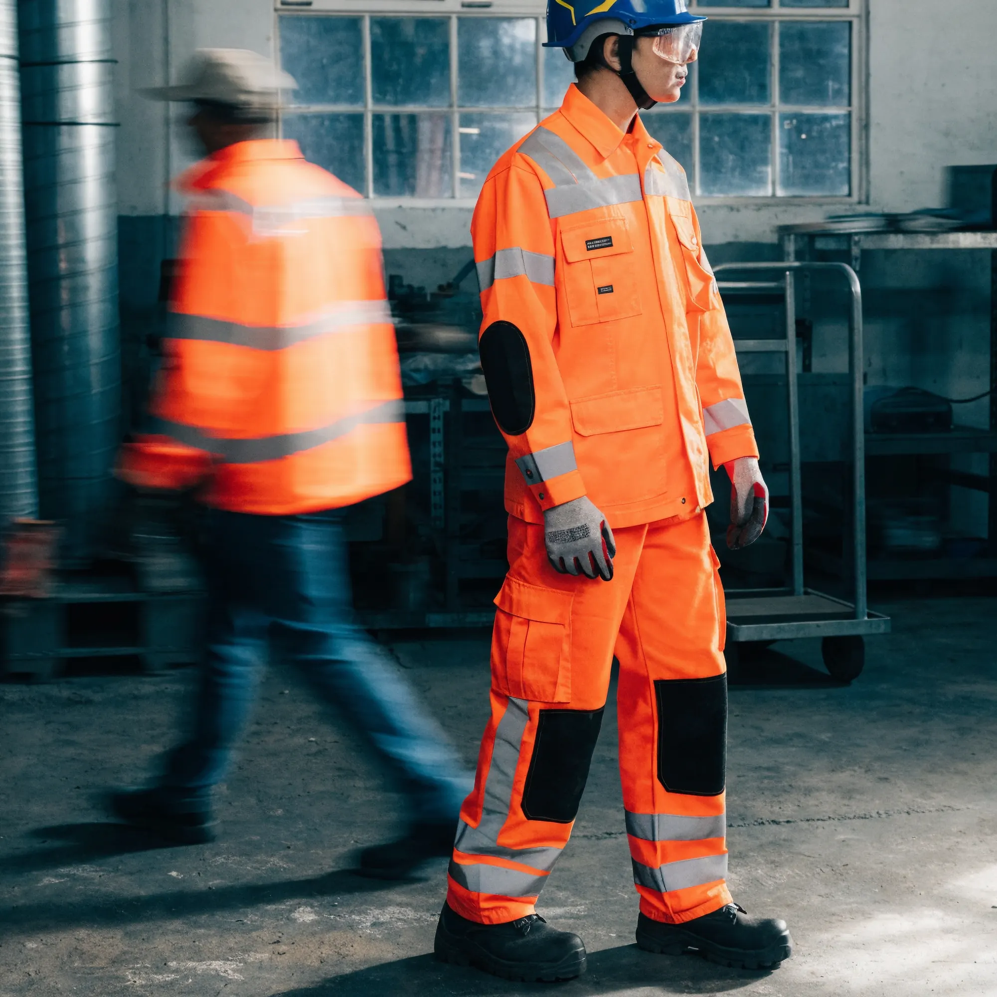 A worker in orange hi-vis and a hard hat